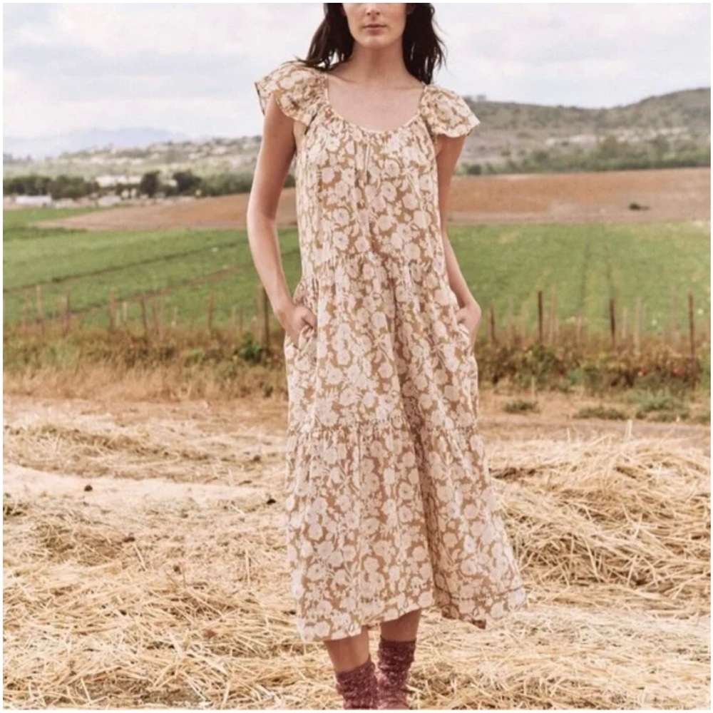 THE GREAT. Whipstitched Plumeria Dress in Oat Wild Brush Floral Size Large or 3